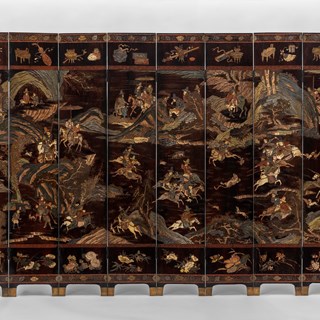 Twelve-Panelled Kangxi Lacquer Screen with a Dutch Hunting Scene